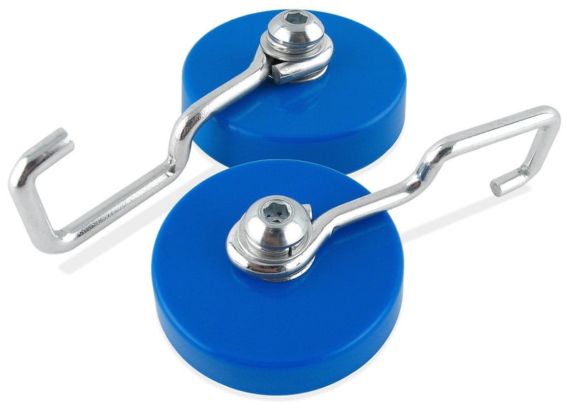 Master Magnetics Ceramic Reversible Magnetic Hooks - Strong Magnets for Hanging Lights, Garage Tools, Signs, and More - 25 lb Pull Each - 2.25" D - 1" H - Blue and Silver - 2-Pack - Image 1